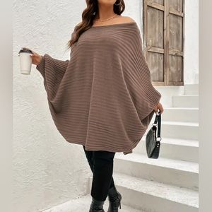 Plus Size Rib Knit Off Shoulder Batwing Sleeve Loose Fit Sweater, Women'…
